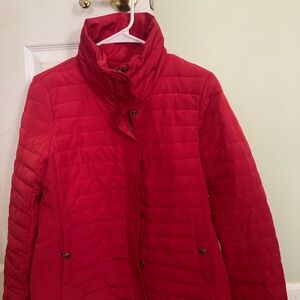 LOFT Red and Pink Puffer Jacket with Quilted Design